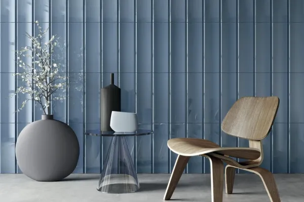 Espacio de la casa con azulejos efecto monocolor en tonos fríos, colección Bow de Harmony