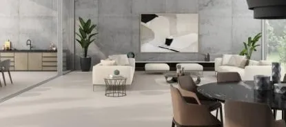 Espacio de la casa con azulejos efecto monocolor en tonos neutros, colección Carpenter - museum de Argenta