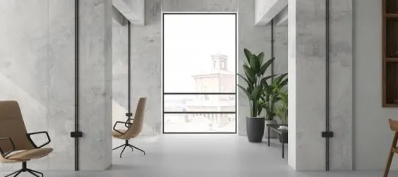 Espacio de la casa con azulejos efecto monocolor en tonos neutros, colección Carpenter - museum de Argenta