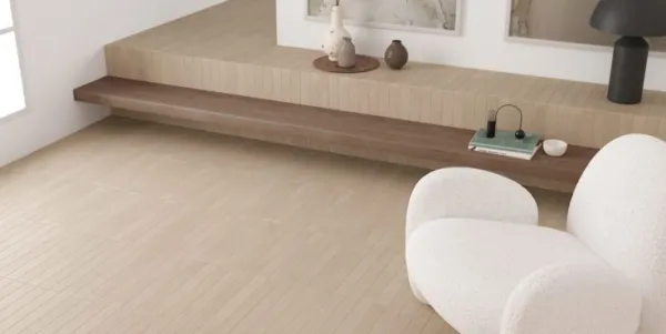Espacio de la casa con azulejos efecto monocolor en tonos cálidos, colección Corsica de Equipe