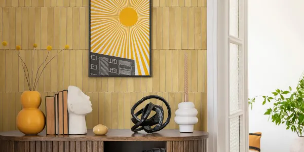 Espacio de la casa con azulejos efecto monocolor en tonos cálidos, colección Easy de Mikonos