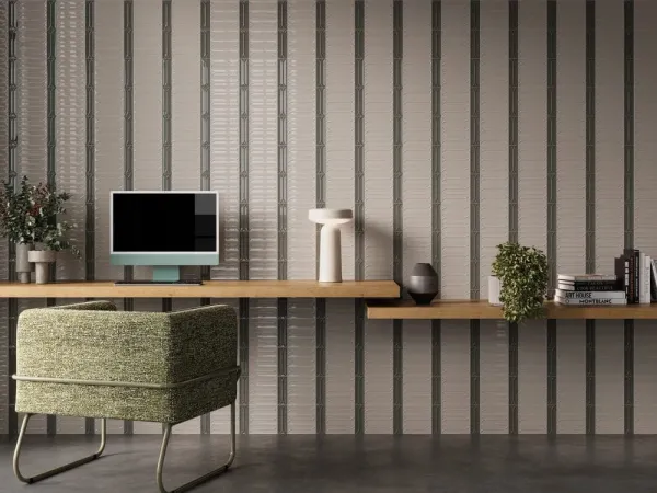 Espacio de la casa con azulejos efecto monocolor en tonos cálidos, colección Elipse de Harmony