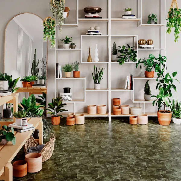 Espacio de la casa con azulejos efecto monocolor en tonos cálidos, colección Fusión de Ribesalbes