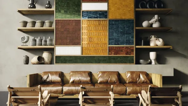 Espacio de la casa con azulejos efecto monocolor en tonos cálidos, colección Genuine de Ape
