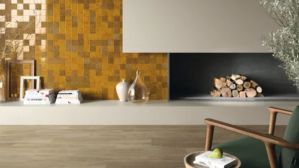 Espacio de la casa con azulejos efecto monocolor en tonos cálidos, colección Genuine de Ape