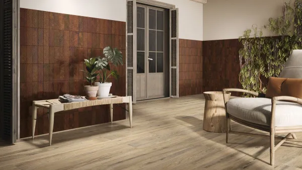 Espacio de la casa con azulejos efecto monocolor en tonos cálidos, colección Genuine de Ape