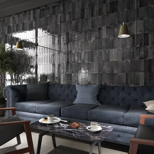 Espacio de la casa con azulejos efecto monocolor en tonos neutros, colección Hanoi de Equipe