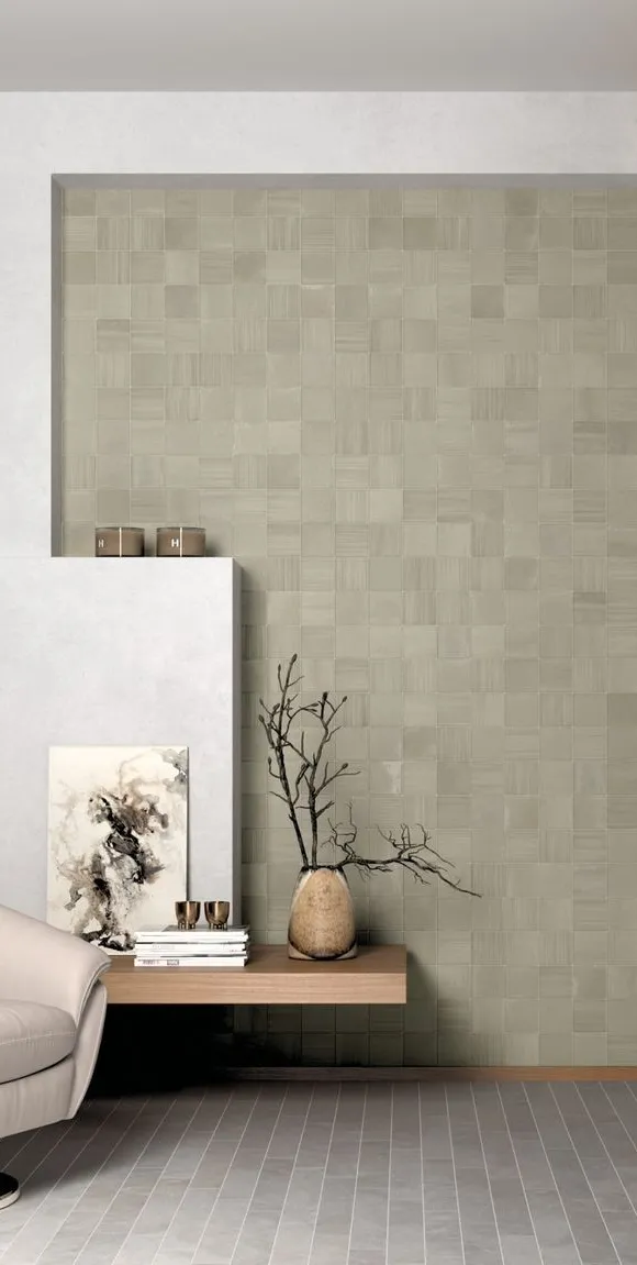 Espacio de la casa con azulejos efecto monocolor en tonos neutros, colección Hikari de Equipe