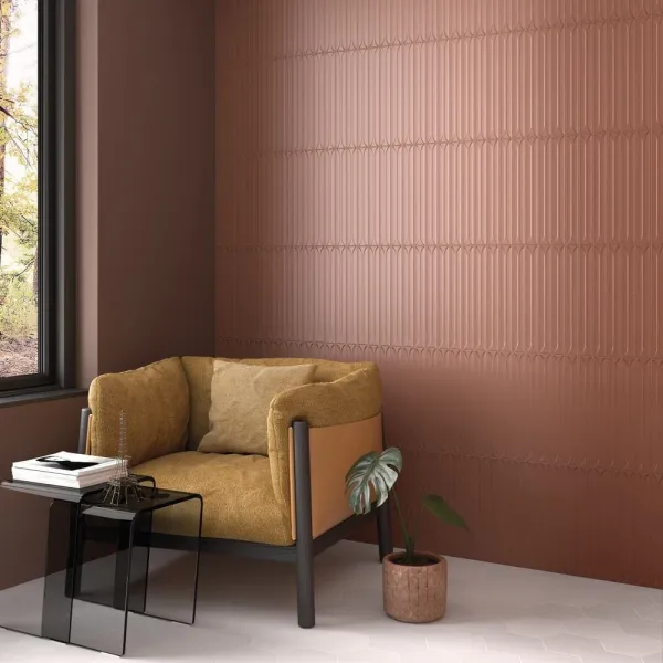 Espacio de la casa con azulejos efecto monocolor en tonos cálidos, colección Hopp de Equipe