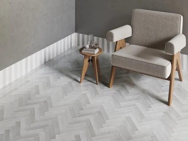 Espacio de la casa con azulejos efecto monocolor en tonos neutros, colección Land de Harmony