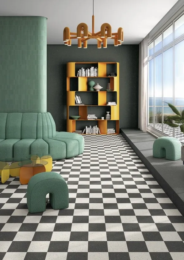 Espacio de la casa con azulejos efecto monocolor en tonos neutros, colección Micra de Vives