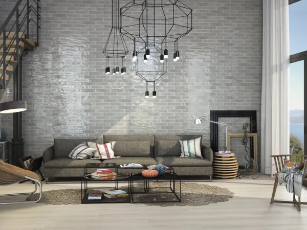 Espacio de la casa con azulejos efecto monocolor en tonos neutros, colección Opal de Cifre