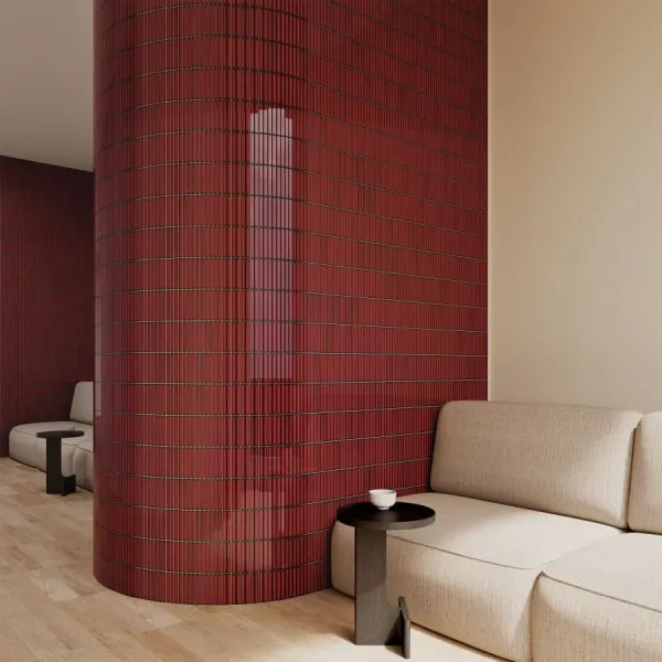 Espacio de la casa con azulejos efecto monocolor en tonos cálidos, colección Osaka bars de DNA Tiles