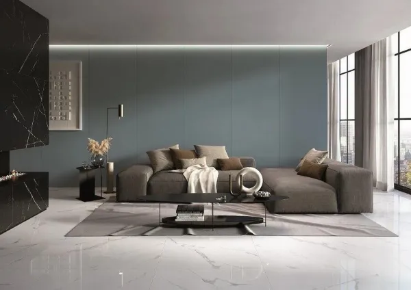 Espacio de la casa con azulejos efecto monocolor en tonos neutros, colección Pastelli de Alfa Lux