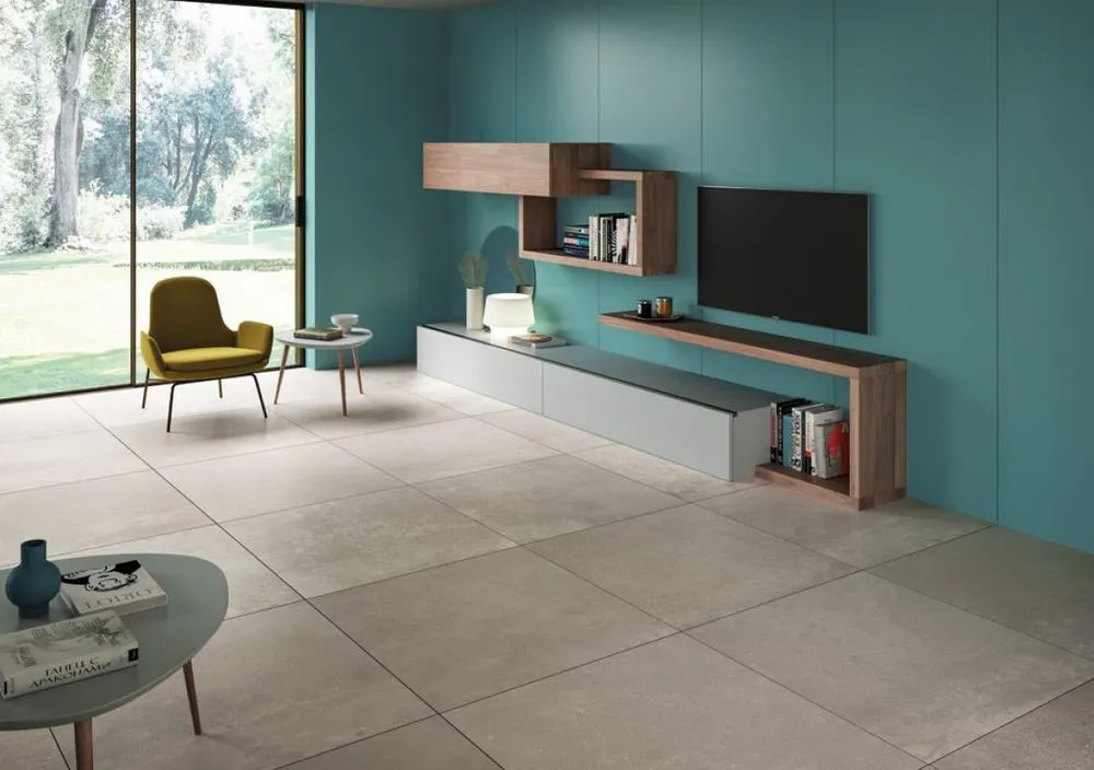 Espacio de la casa con azulejos efecto monocolor en tonos fríos, colección Pastelli de Alfa Lux