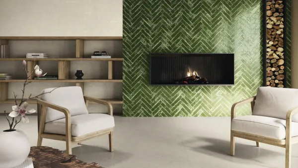 Espacio de la casa con azulejos efecto monocolor, colección Pukka de Ape