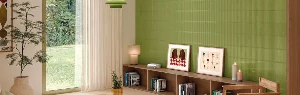 Espacio de la casa con azulejos efecto monocolor en tonos cálidos, colección Pulse de Harmony