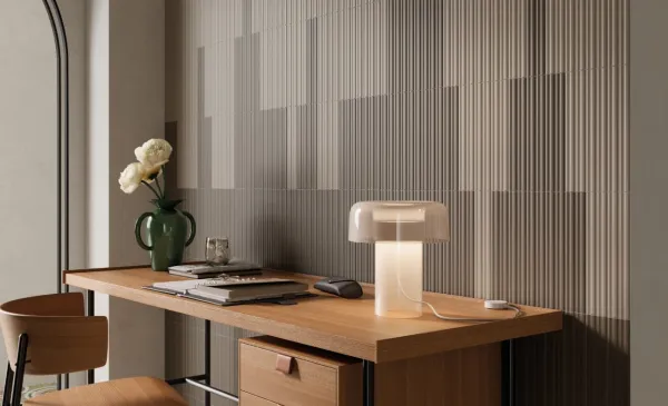 Espacio de la casa con azulejos efecto monocolor en tonos cálidos, colección Rainbow de Harmony
