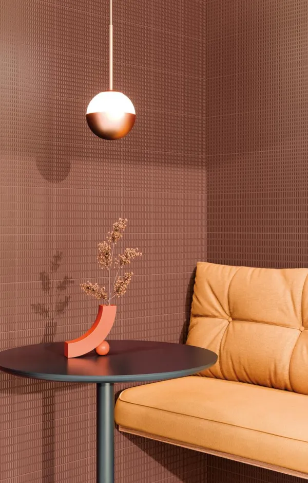 Espacio de la casa con azulejos efecto monocolor en tonos cálidos, colección Relief de Harmony