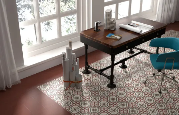 Espacio de la casa con azulejos efecto monocolor en tonos cálidos, colección Saudade de Dune