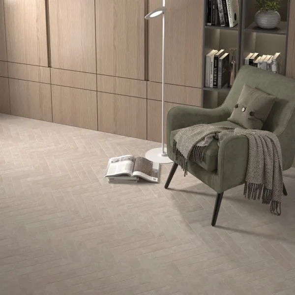 Espacio de la casa con azulejos efecto monocolor en tonos cálidos, colección Stage de Equipe