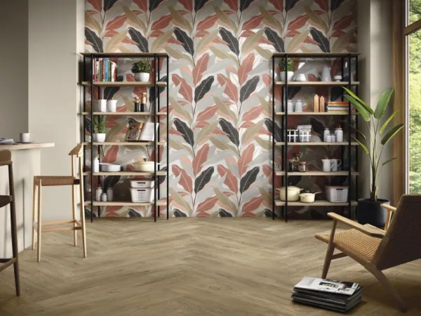 Espacio de la casa con azulejos efecto monocolor en tonos cálidos, colección Tonality de Ape