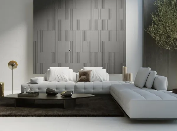 Espacio de la casa con azulejos efecto monocolor en tonos neutros, colección Tornares de TAU ceràmica
