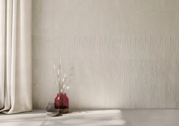 Espacio de la casa con azulejos efecto monocolor en tonos cálidos, colección Trace de Harmony