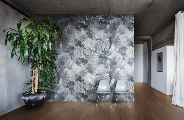 Espacio de la casa con azulejos efecto monocolor en tonos fríos, colección White deco de Marazzi