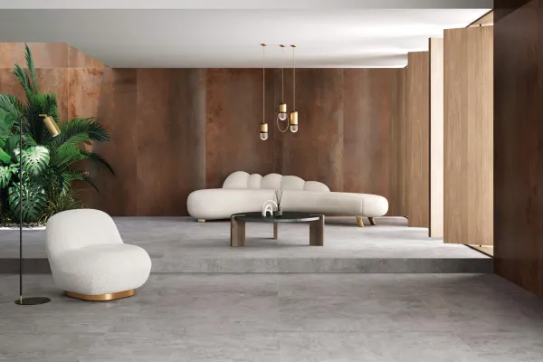 Espacio de la casa con azulejos efecto óxido en tonos cálidos, colección Beam de TAU ceràmica