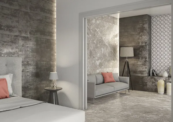 Espacio de la casa con azulejos efecto óxido, colección Metal de TAU ceràmica