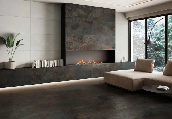 Espacio de la casa con azulejos efecto óxido en tonos neutros, colección Mine de Durstone