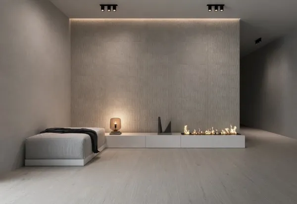 Espacio de la casa con azulejos efecto piedra en tonos neutros, colección Amelie de TAU ceràmica