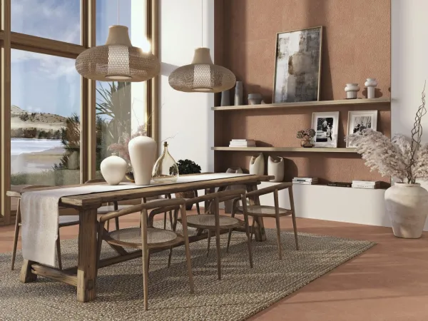 Espacio de la casa con azulejos efecto piedra en tonos cálidos, colección Argillae de Ape
