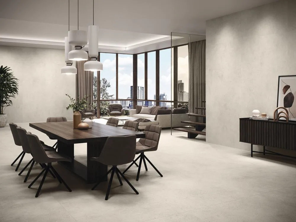Espacio de la casa con azulejos efecto piedra, colección Asphalt de Baldocer