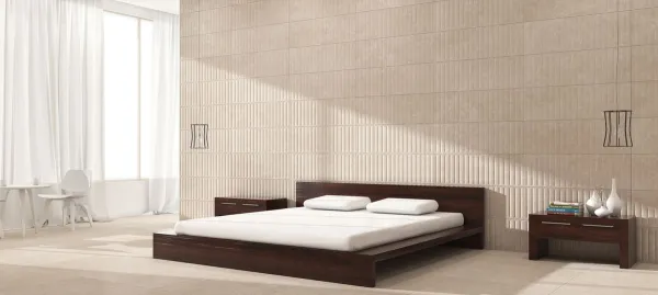 Espacio de la casa con azulejos efecto piedra en tonos cálidos, colección Astor de Mikonos