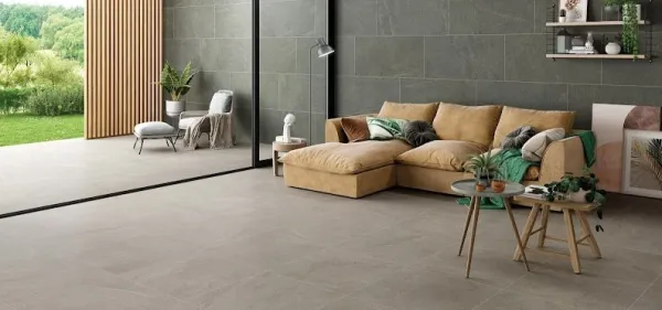 Espacio de la casa con azulejos efecto piedra en tonos neutros, colección Bellevue de STN