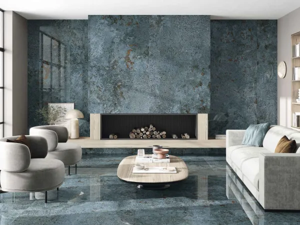 Espacio de la casa con azulejos efecto piedra en tonos fríos, colección Bora bora de Baldocer