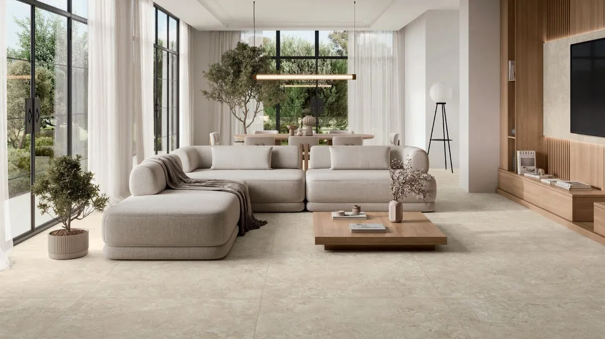 Espacio de la casa con azulejos efecto piedra en tonos cálidos, colección Campaspero de Alaplana