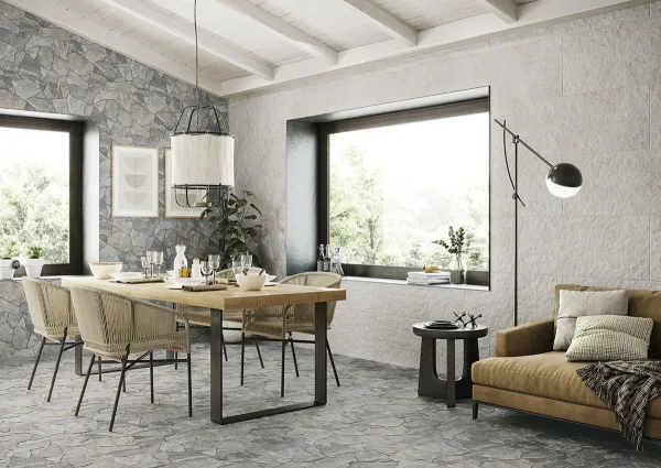 Espacio de la casa con azulejos efecto piedra en tonos neutros, colección Deva de Realonda
