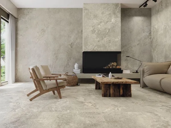 Espacio de la casa con azulejos efecto piedra, colección Dome de Baldocer