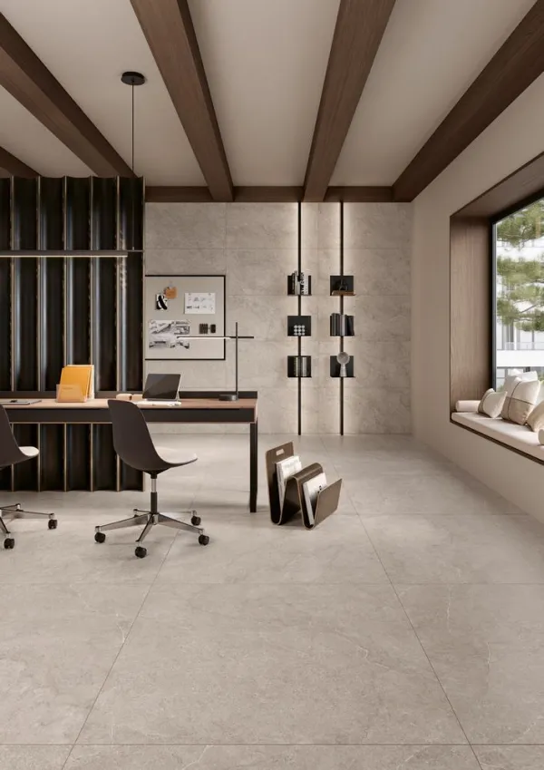Espacio de la casa con azulejos efecto piedra en tonos cálidos, colección Evolution de Margres