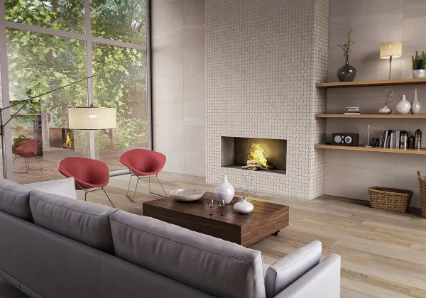 Espacio de la casa con azulejos efecto piedra en tonos cálidos, colección Fidenza de TAU ceràmica