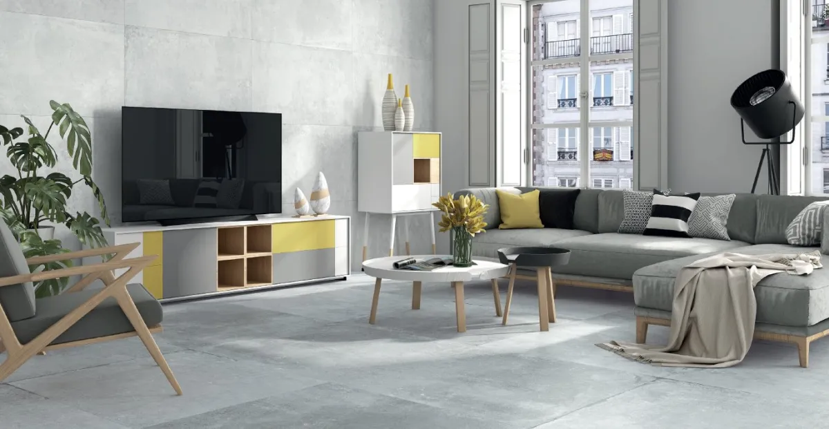 Espacio de la casa con azulejos efecto piedra en tonos neutros, colección Forge de Vitacer