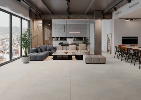 Espacio de la casa con azulejos efecto piedra en tonos neutros, colección Formentor de Cristacer