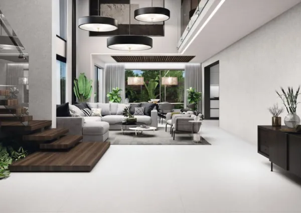 Espacio de la casa con azulejos efecto piedra en tonos neutros, colección Granite de Cifre