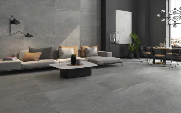Espacio de la casa con azulejos efecto piedra en tonos neutros, colección Horizon de Colorker