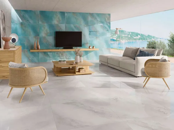 Espacio de la casa con azulejos efecto piedra, colección Hydra de Fanal