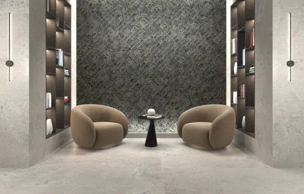 Espacio de la casa con azulejos efecto piedra en tonos neutros, colección Iceberg de Dune