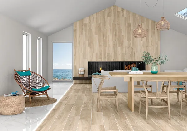Espacio de la casa con azulejos efecto piedra en tonos cálidos, colección Integra de TAU ceràmica